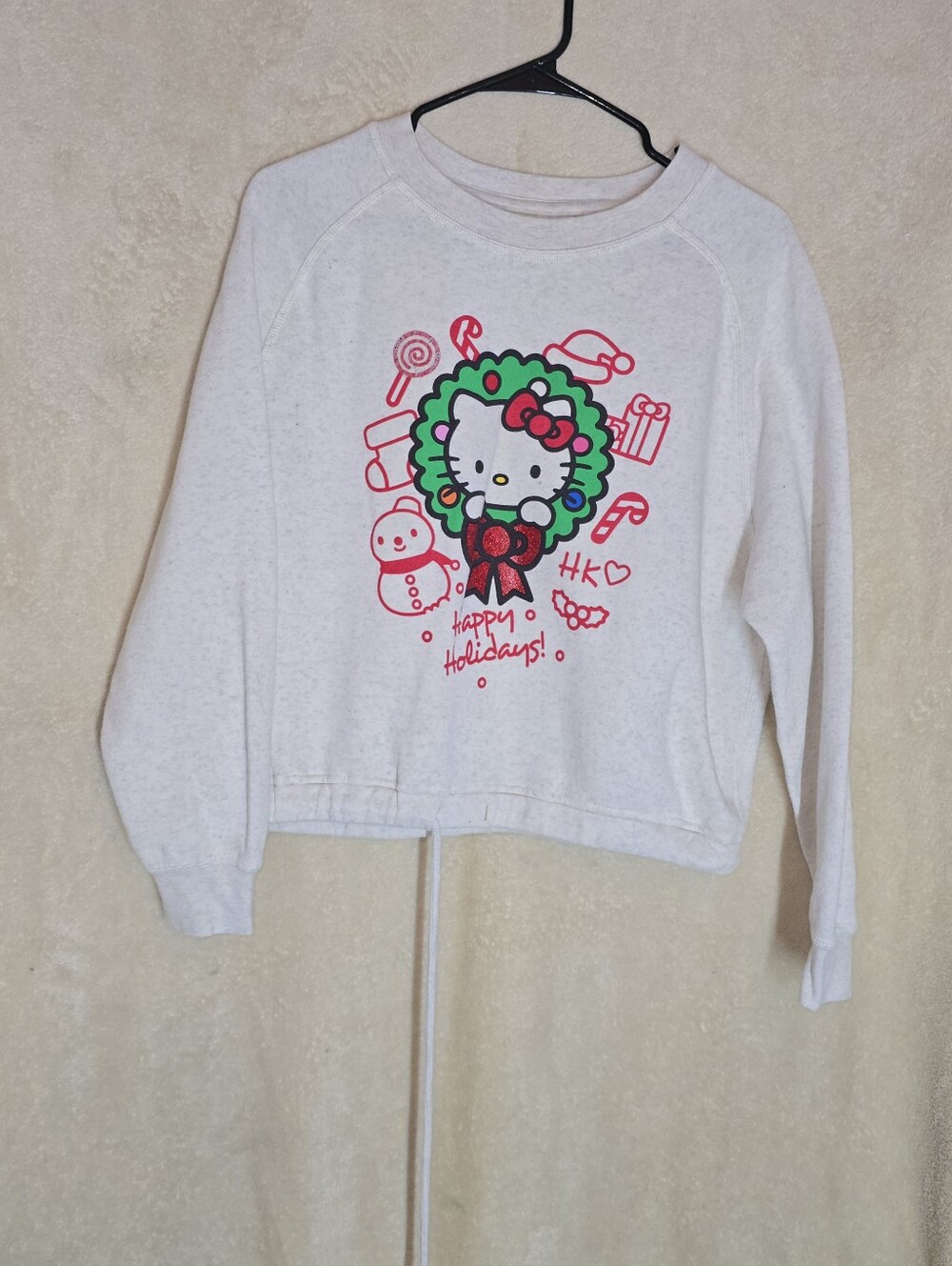 Sanrio Hello Kitty "Happy Holidays" Cream Speckled Sweatshirt Graphic Print Univ